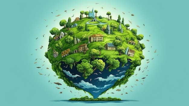 Image symbolique du globe avec des éléments de l'activité humaine et de l'environnement naturel pour sauver une planète propre