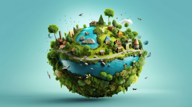 Image symbolique du globe avec des éléments de l'activité humaine et de la nature Environnement sauver le concept d'écologie de la planète propre Sauver la nature pour les générations futures Bannière du Jour de la Terre avec espace de copie