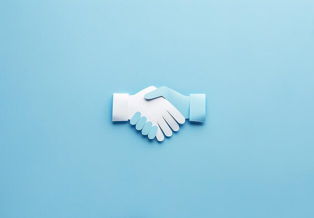 Image symbolique de l'unité et du partenariat Coupe de papier Poignée de main sur un fond bleu calme