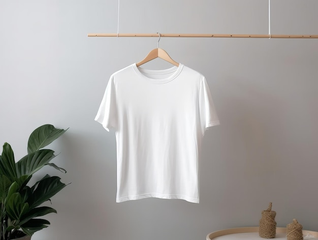 Image d'un t-shirt blanc uni suspendu dans un portant à vêtements IA générative