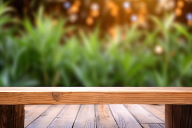Image d'une table en bois devant un arrière-plan flou abstrait composé de plantes AI générative