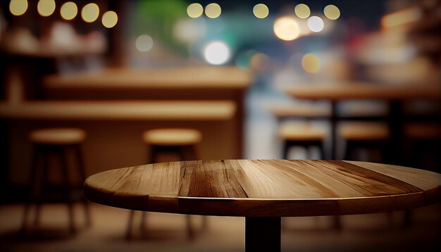 Image de la table en bois devant le fond de lumières de restaurant floue abstraite