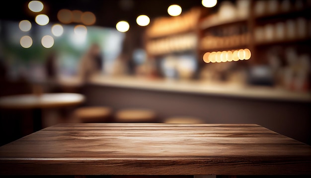 Image de la table en bois devant le fond de lumières de restaurant floue abstraite