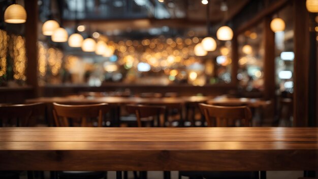 Image d'une table en bois vide devant un arrière-plan abstrait de lumières de restaurant floues