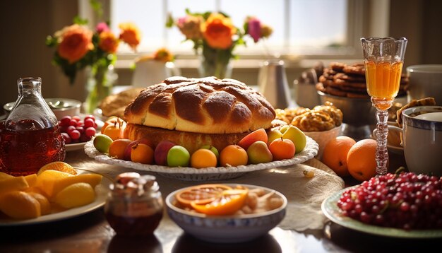 Une image d'une table festive de Roch Hachana avec des plats traditionnels représentant la douceur et l'abudan