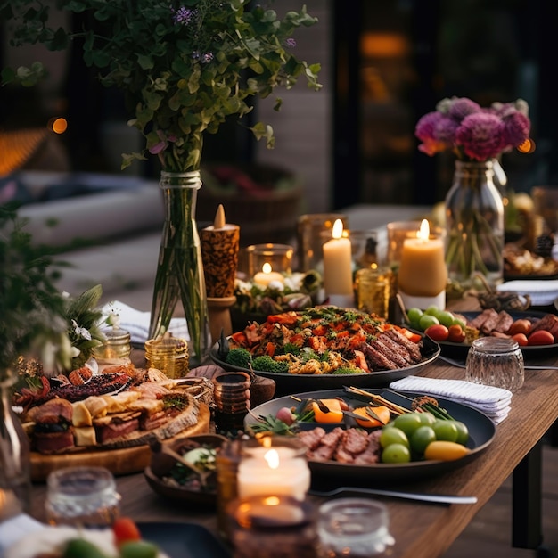 Image d'une table magnifiquement disposée avec une variété de bougies et de fleurs alimentaires