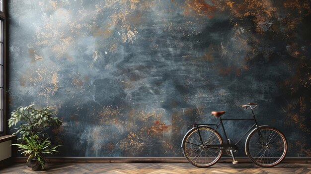 Une image d'un tableau noir simulé dans l'intérieur du loft hipster vintage avec un vélo rendu en 3D