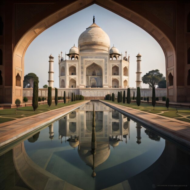 Une image d'un Taj Mahal avec un reflet du ciel dans l'eau