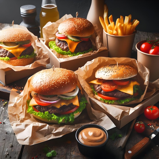 Image de Takeaway a livré divers types de hamburgers et de frites