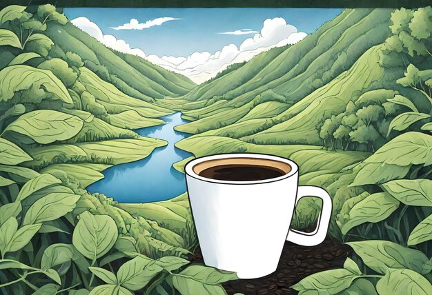 Photo une image d'une tasse de café avec une rivière en arrière-plan