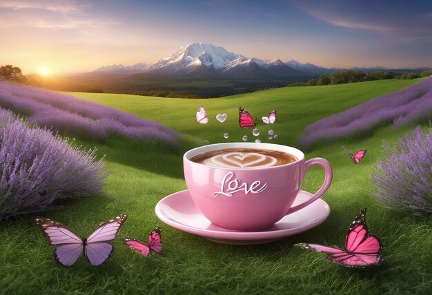 Photo image d'une tasse de café rose réaliste avec un fond naturel