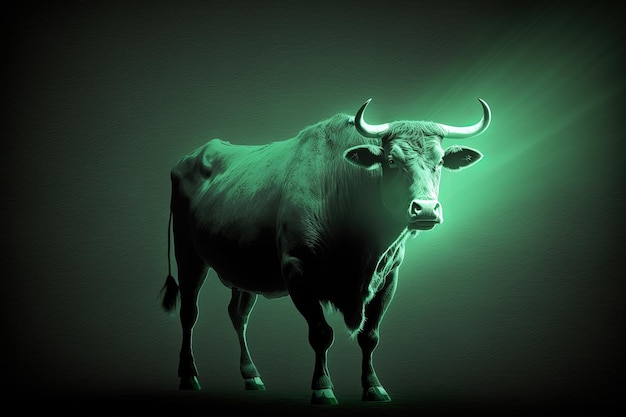 Une image d'un taureau sur un fond vert éclairé par un projecteur