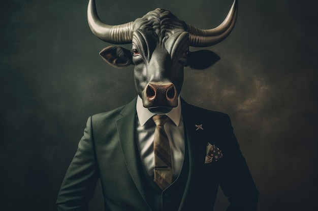 Une image d'un taureau portant un costume et une cravate un animal élégant représentant un homme d'affaires Generative AI