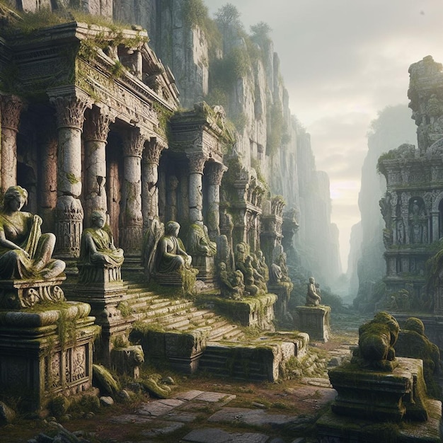 une image d'un temple avec des statues sur le mur et le mot " dieu " sur la droite