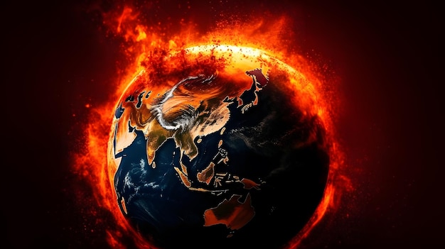 Une image de la terre avec du feu et des flammes dessus