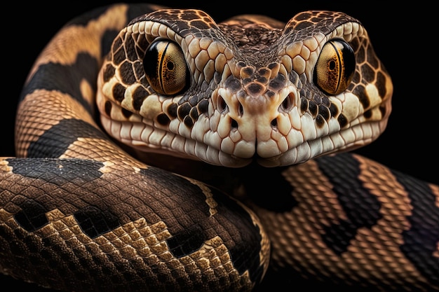 Photo image de la tête d'un candoia carinata noir et blanc ou d'un serpent boa au sol en gros plan