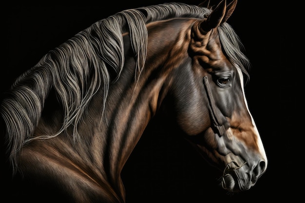 Image de tête de cheval de profil avec oreilles sur fond noir