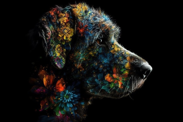 Image d'une tête de chien avec de belles couleurs vives sur un fond sombre Illustration d'animaux de compagnie AI générative