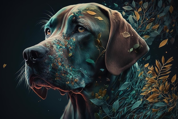 Image d'une tête de chien avec de belles couleurs vives sur un fond sombre Illustration d'animaux de compagnie AI générative