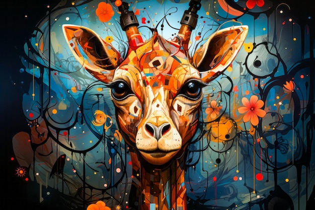 Image d'une tête de girafe avec des fleurs dessus Générative AI