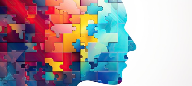 Image d'une tête humaine composée de pièces de puzzle aux couleurs vives IA générative
