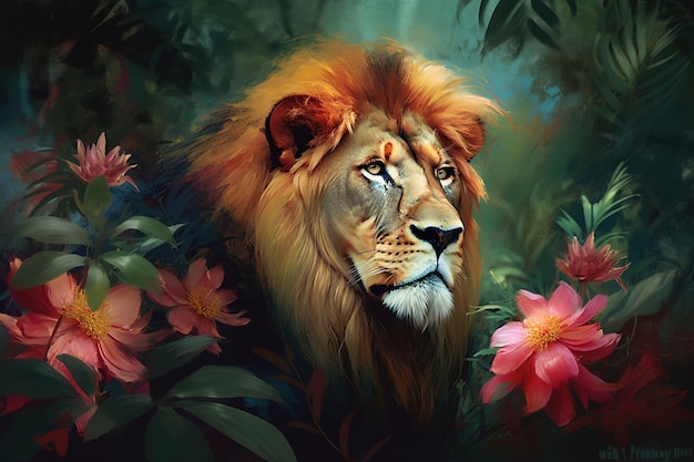 Image d'une tête de lion avec des fleurs tropicales colorées faune Illustration animale AI générative