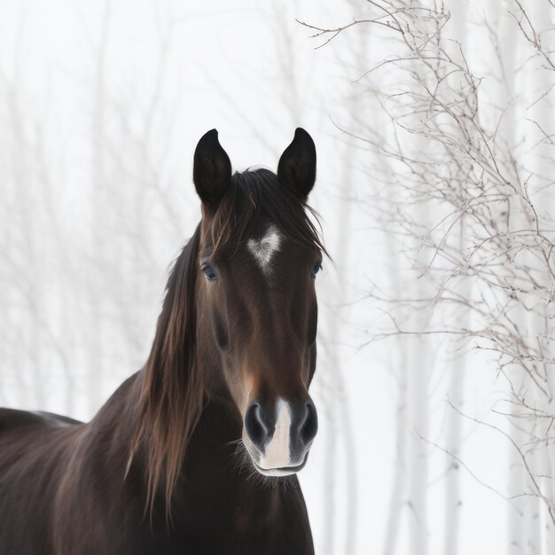 Photo image tête standardbred avec fond de forêt de saules enneigés