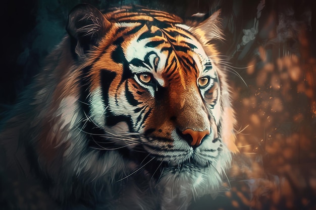 Image d'une tête de tigre avec de belles couleurs vives sur un fond sombre Illustration d'animaux de la faune AI générative