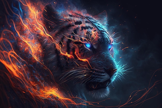 Image d'une tête de tigre en colère avec un feu brûlant sur fond noir Illustration d'animaux sauvages AI générative