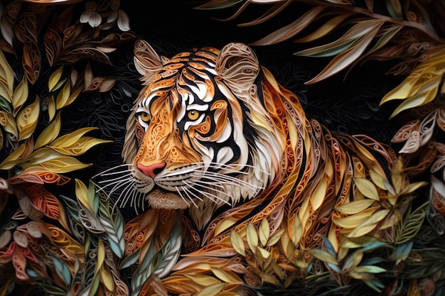 Image de tigre dans le style de papier quilling art beaux couleurs type bas relief animaux sauvages illustration IA générative