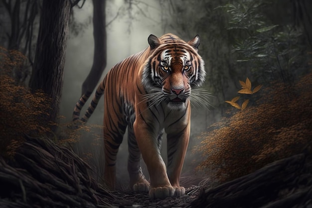 Image d'un tigre majestueux debout au milieu de la forêt Animaux sauvages Illustration AI générative