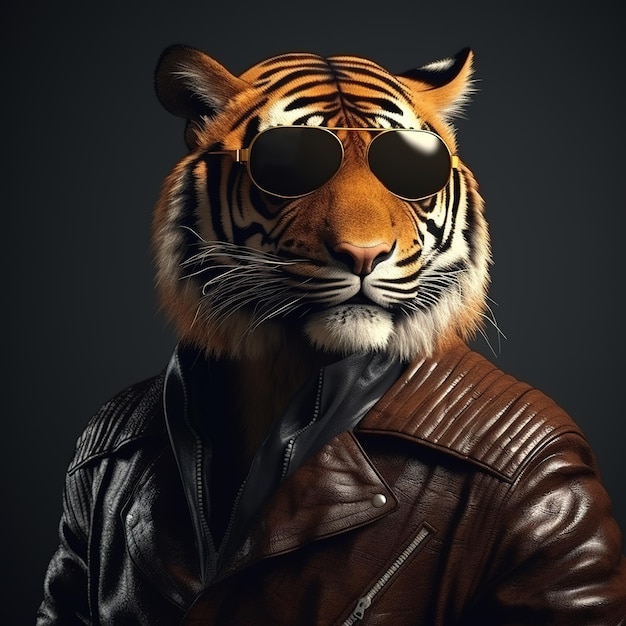 Image d'un tigre portait une veste en cuir et portait des lunettes de soleil sur fond propre Illustration d'animaux de la faune AI générative