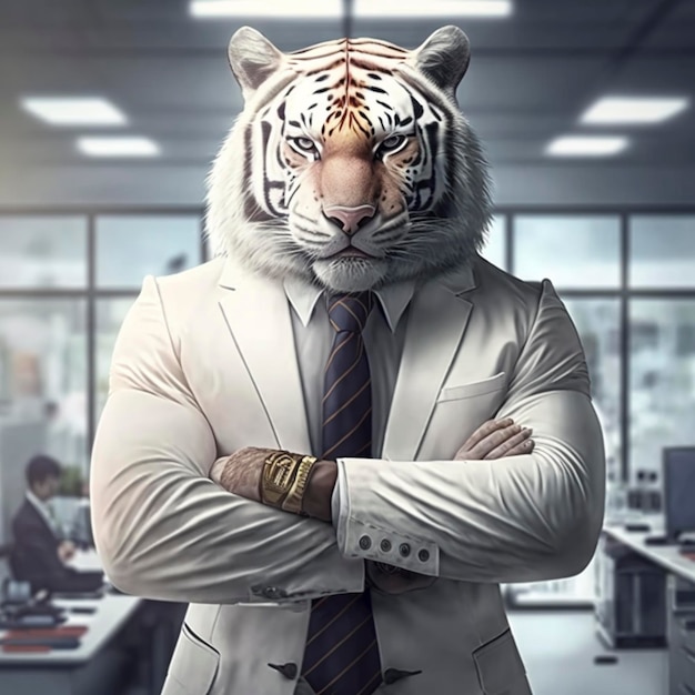 Image d'un tigre portant un costume de bureau blanc d'homme d'affaires sur un fond de bureau