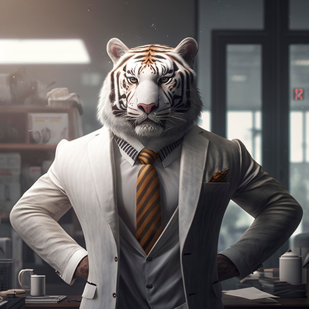 Image d'un tigre portant un costume de bureau blanc d'homme d'affaires sur un fond de bureau