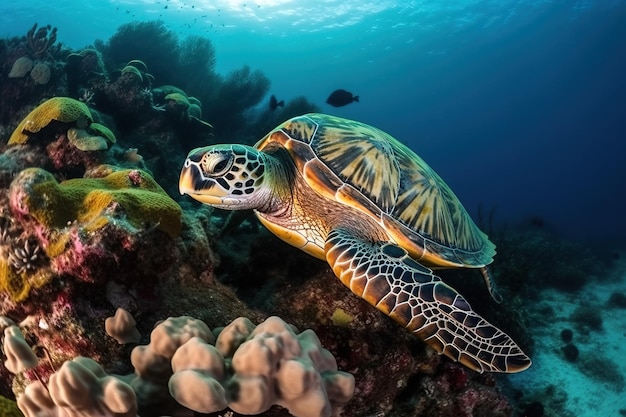 Image de tortue imbriquée nageant sous la mer illustration d'animaux sous-marins AI générative