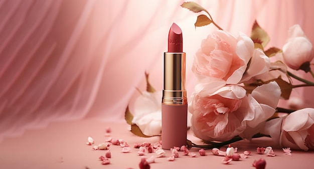 Image très belle couverture de blog de mode de marque cosmétique et concept glamour girly res rouge à lèvres et fleur