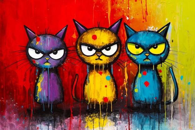 Image de trois chats peints sur un fond rouge, jaune et bleu AI générative