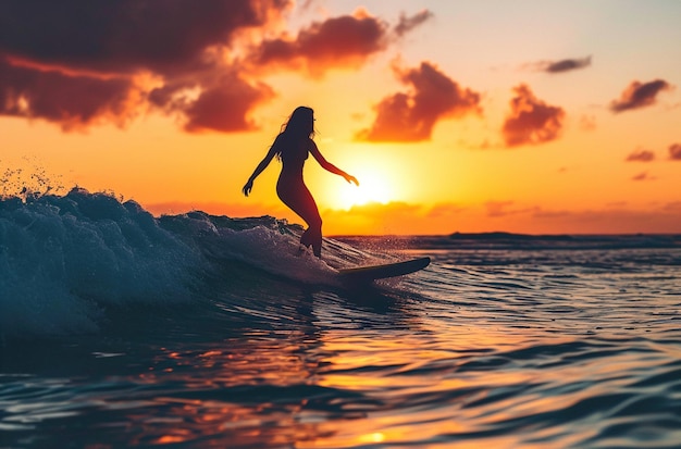 Image ultra détaillée d'une personne sur une planche de surf dans un coucher de soleil de vague en arrière-plan