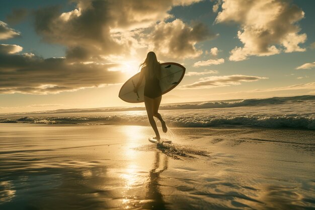 Image ultra détaillée d'une personne sur une planche de surf dans un coucher de soleil de vague en arrière-plan