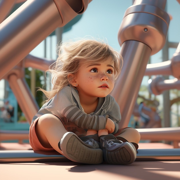 Image ultra-réaliste en 3D d'un enfant jouant dans un parc pour enfants