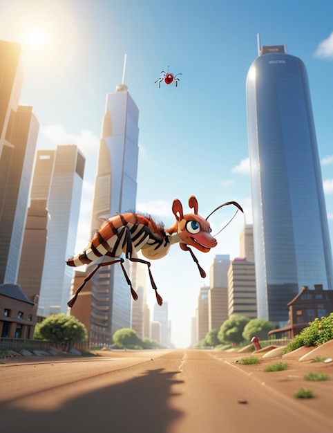 Une image ultra réaliste d'une fourmi courant à grande vitesse avec des bâtiments de la ville en arrière-plan et s