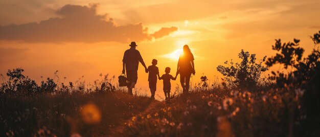 Une image d'unité alors qu'une famille explore la nature au coucher du soleil