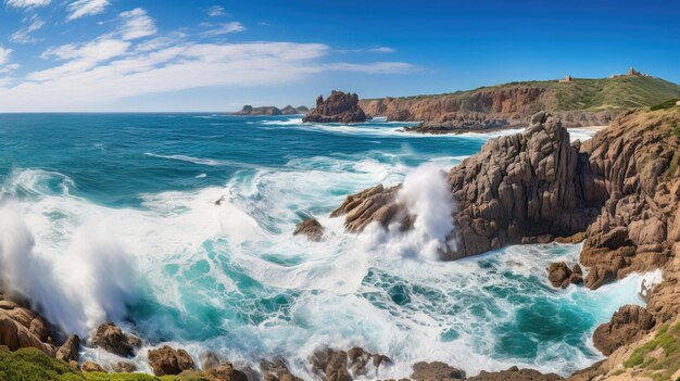 Photo une image d'une vague se brisant sur une falaise