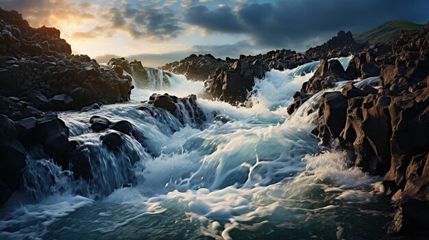 image des vagues de l'océan éclaboussant avec de la mousse blanche contre les rochers pierre de corail