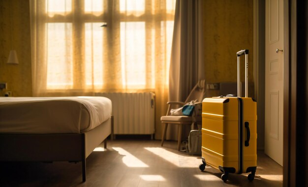 Image d'une valise à roulettes dans une chambre d'hôtel