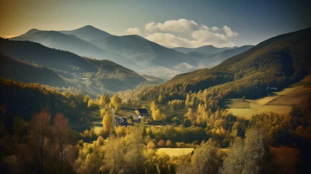 Image d'une vallée de montagne avec des montagnes et une forêt AI générative