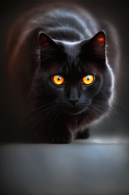 Image verticale d'un chat noir aux yeux jaunes sur fond noir créée à l'aide de la technologie ai