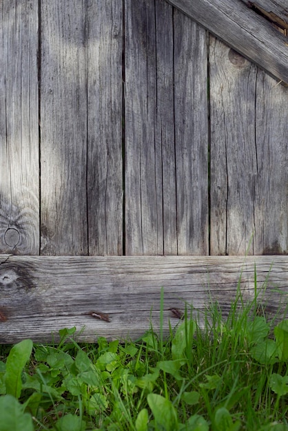 image verticale de fond de porte rurale en bois avec des herbes vertes