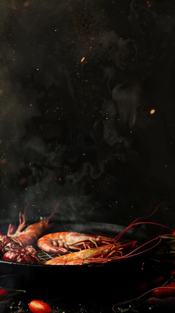 Une image verticale d'un gril avec une casserole en fonte de crevettes en feu avec de la fumée et des étincelles s'élevant sur un fond noir