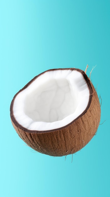 Image verticale d'une noix de coco fraîche sur bleu montrant la texture et les détails